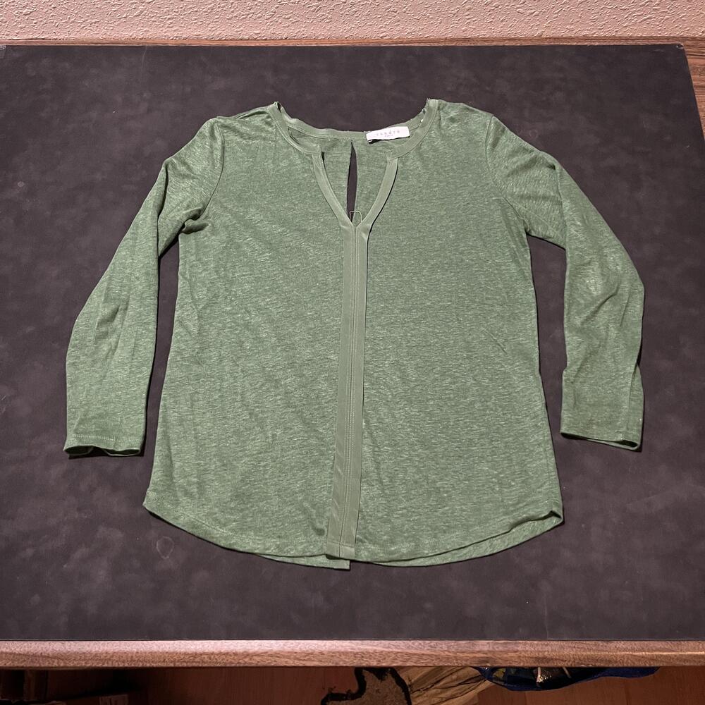 Sandro Shirt Womens Medium Green Linen Silk Split Back Long Sleeve Top